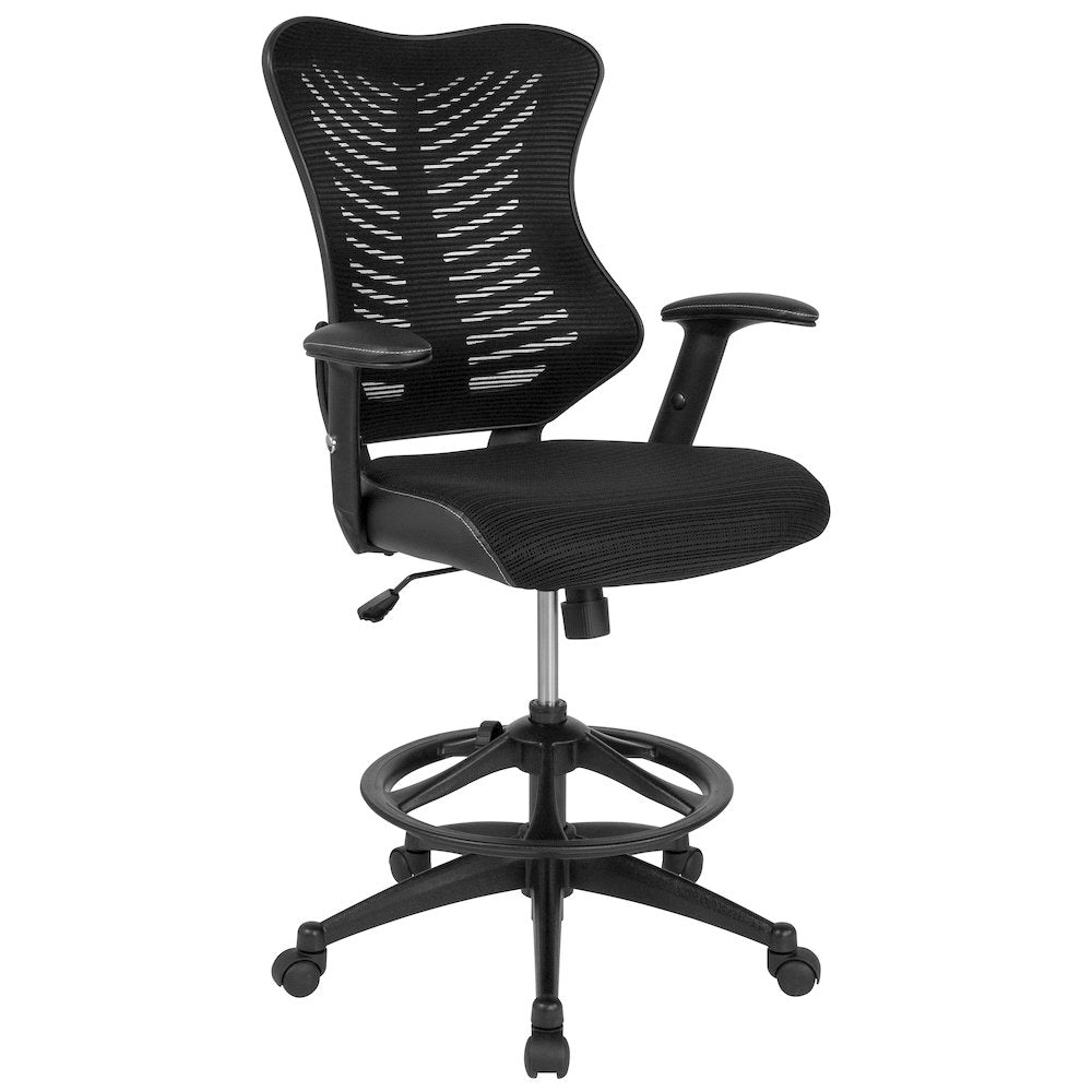 High Back Designer Black Mesh Drafting Chair with Sides and Adjustable Arms