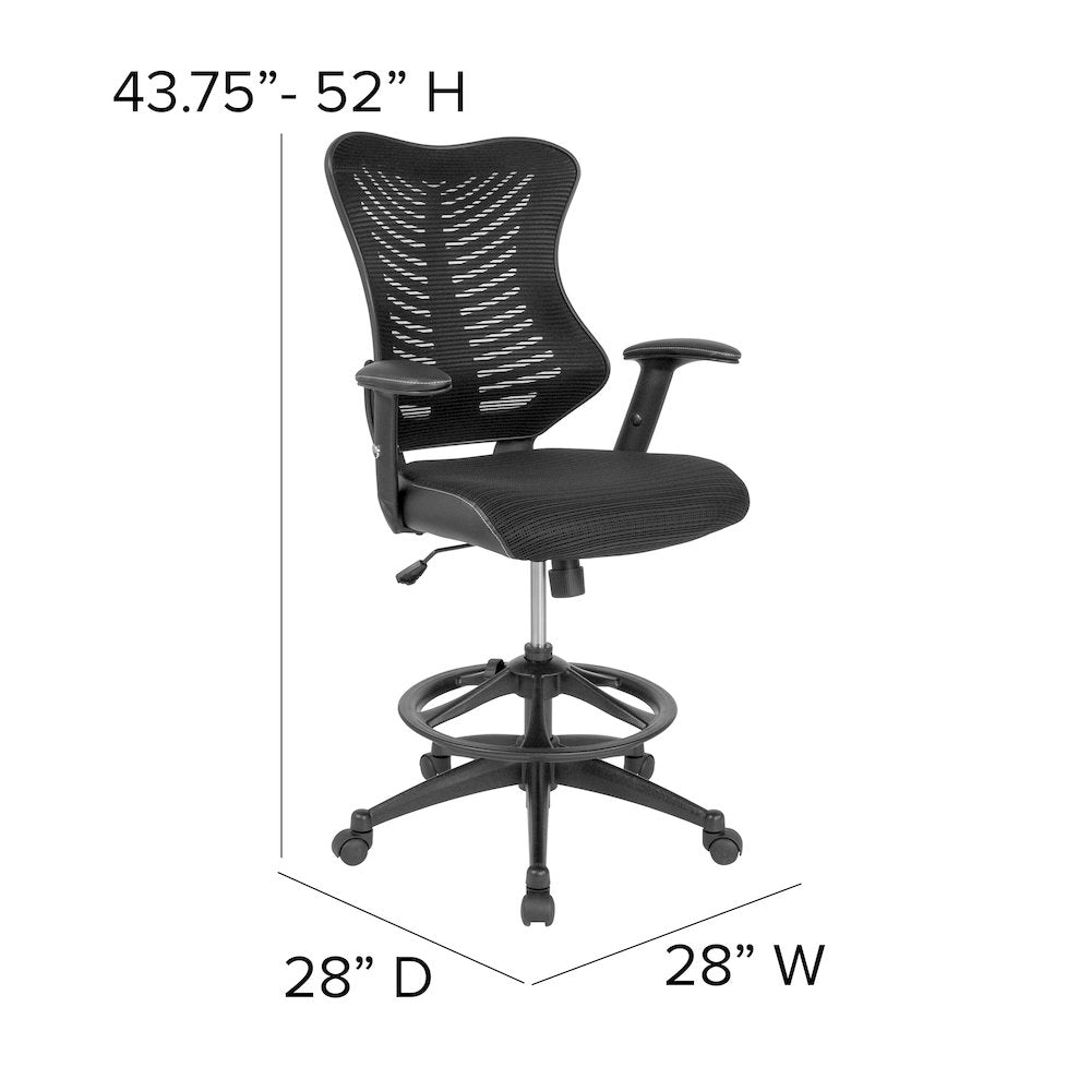 High Back Designer Black Mesh Drafting Chair with Sides and Adjustable Arms