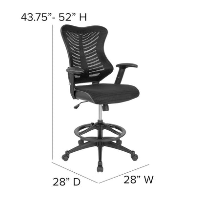 High Back Designer Black Mesh Drafting Chair with Sides and Adjustable Arms