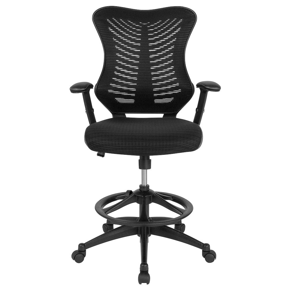 High Back Designer Black Mesh Drafting Chair with Sides and Adjustable Arms