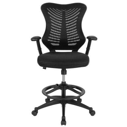 High Back Designer Black Mesh Drafting Chair with Sides and Adjustable Arms