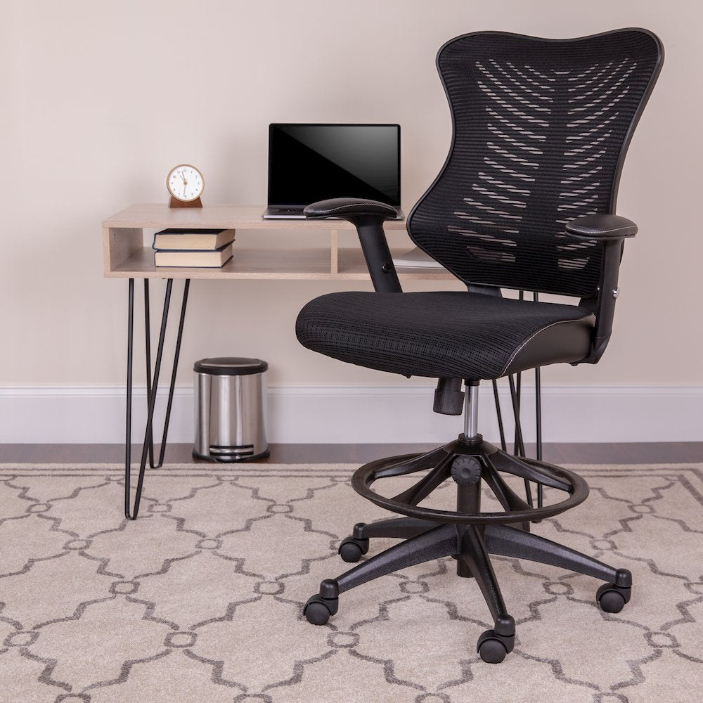High Back Designer Black Mesh Drafting Chair with Sides and Adjustable Arms