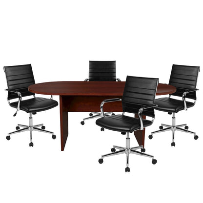 5 Piece Mahogany Oval Conference Table Set with 4 Black Ribbed Executive Chairs