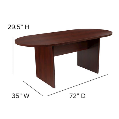 5 Piece Mahogany Oval Conference Table Set with 4 Black Ribbed Executive Chairs
