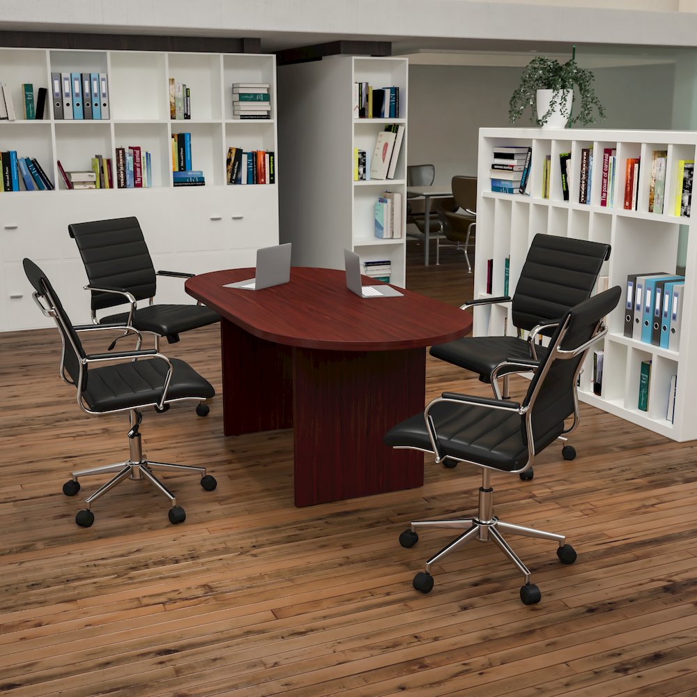 5 Piece Mahogany Oval Conference Table Set with 4 Black Ribbed Executive Chairs
