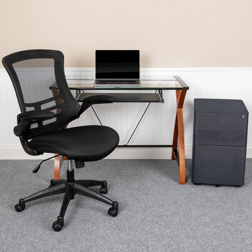 Glass Desk with Keyboard Tray, Mesh Office Chair and Filing Cabinet