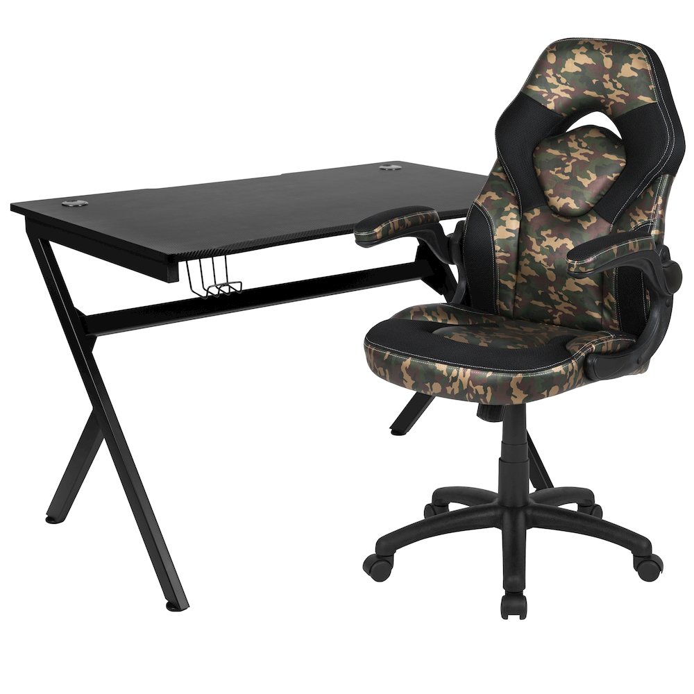 Black Gaming Desk and Camouflage/Black Racing Chair Set