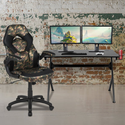 Black Gaming Desk and Camouflage/Black Racing Chair Set