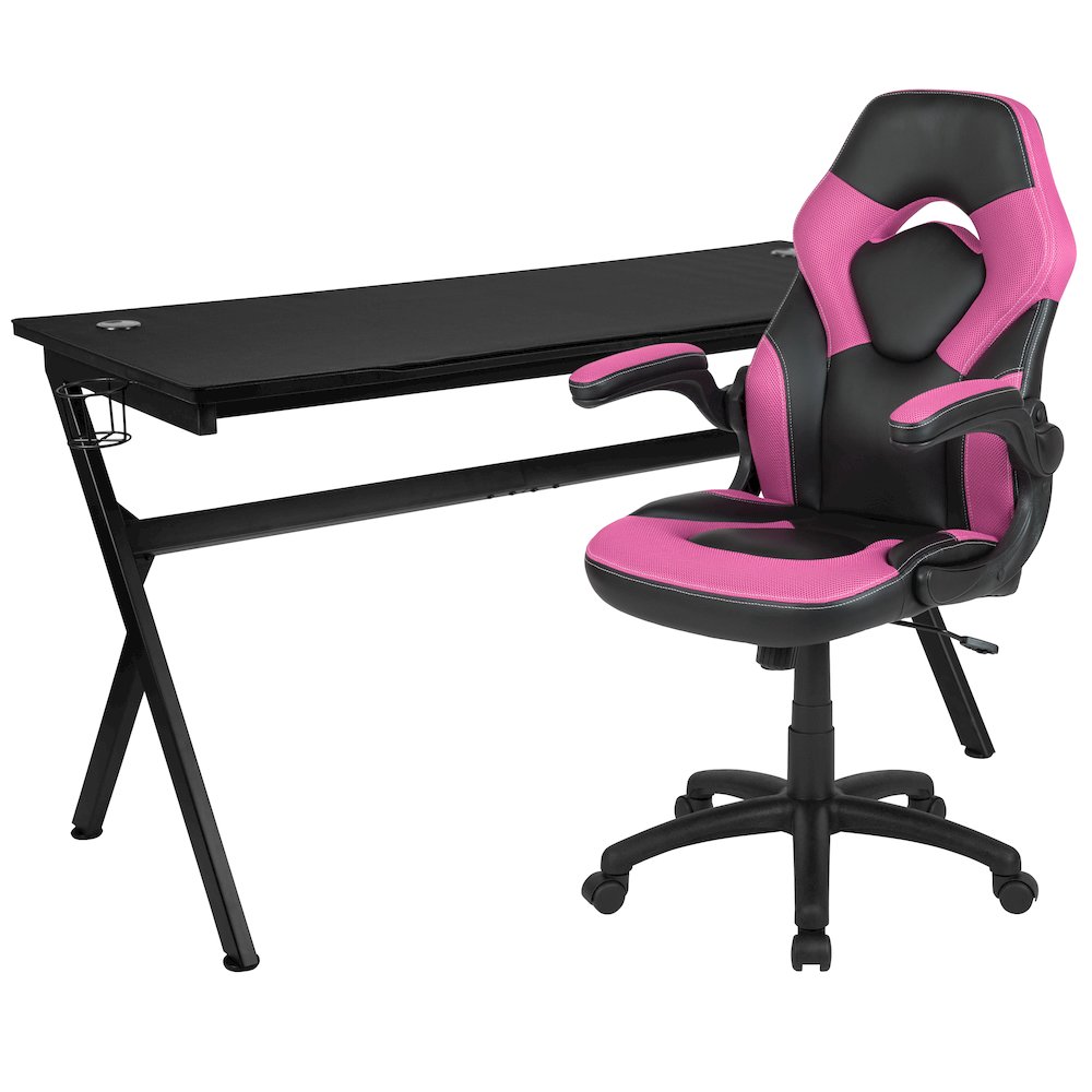 Gaming Desk and Pink/Black Racing Chair Set