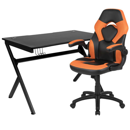 Black Gaming Desk and Orange/Black Racing Chair Set