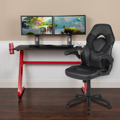 Red Gaming Desk and Black Racing Chair Set with Cup Holder and Headphone Hook
