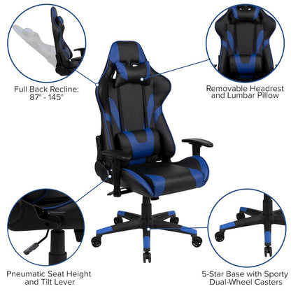 Gaming Desk and Blue/Black Reclining Gaming Chair Set