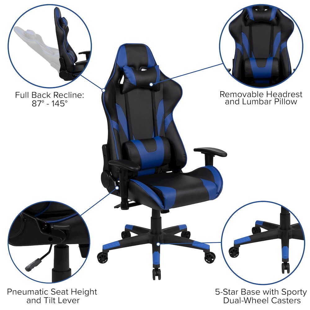Black Gaming Desk and Blue Reclining Gaming Chair Set