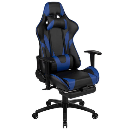 Black Gaming Desk and Blue Footrest Reclining Gaming Chair Set