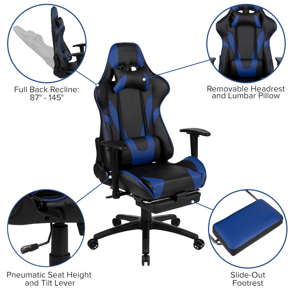 Black Gaming Desk and Blue Footrest Reclining Gaming Chair Set