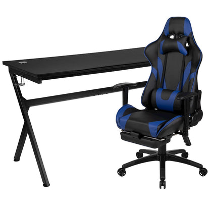 Gaming Desk and Blue Footrest Reclining Gaming Chair Set