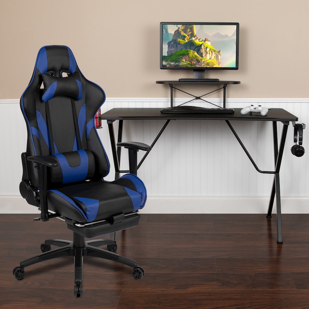 Black Gaming Desk/Headphone Hook and Monitor/Smartphone Stand, Blue Gaming Chair