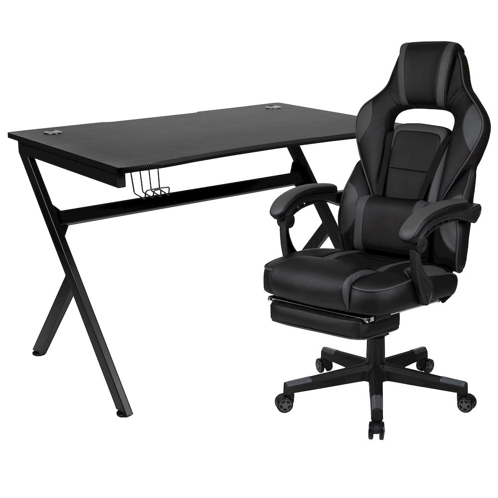 Black Gaming Desk/Headphone Hook/2 Wire Management Holes, Black Gaming Chair