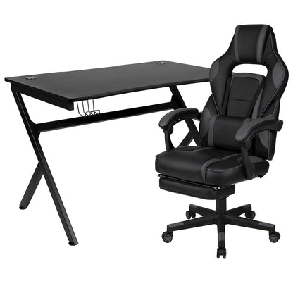Black Gaming Desk/Headphone Hook/2 Wire Management Holes, Black Gaming Chair