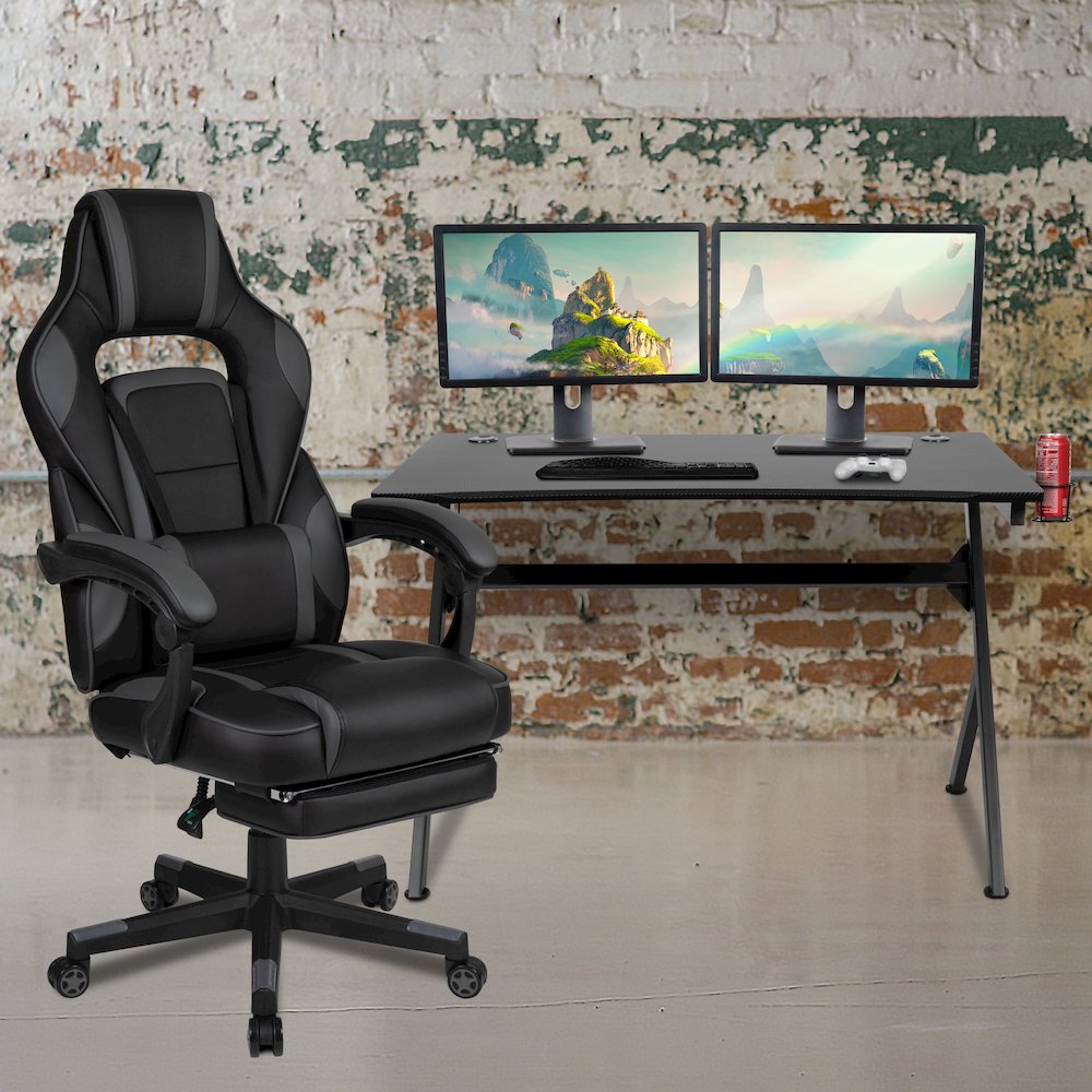 Black Gaming Desk/Headphone Hook/2 Wire Management Holes, Black Gaming Chair