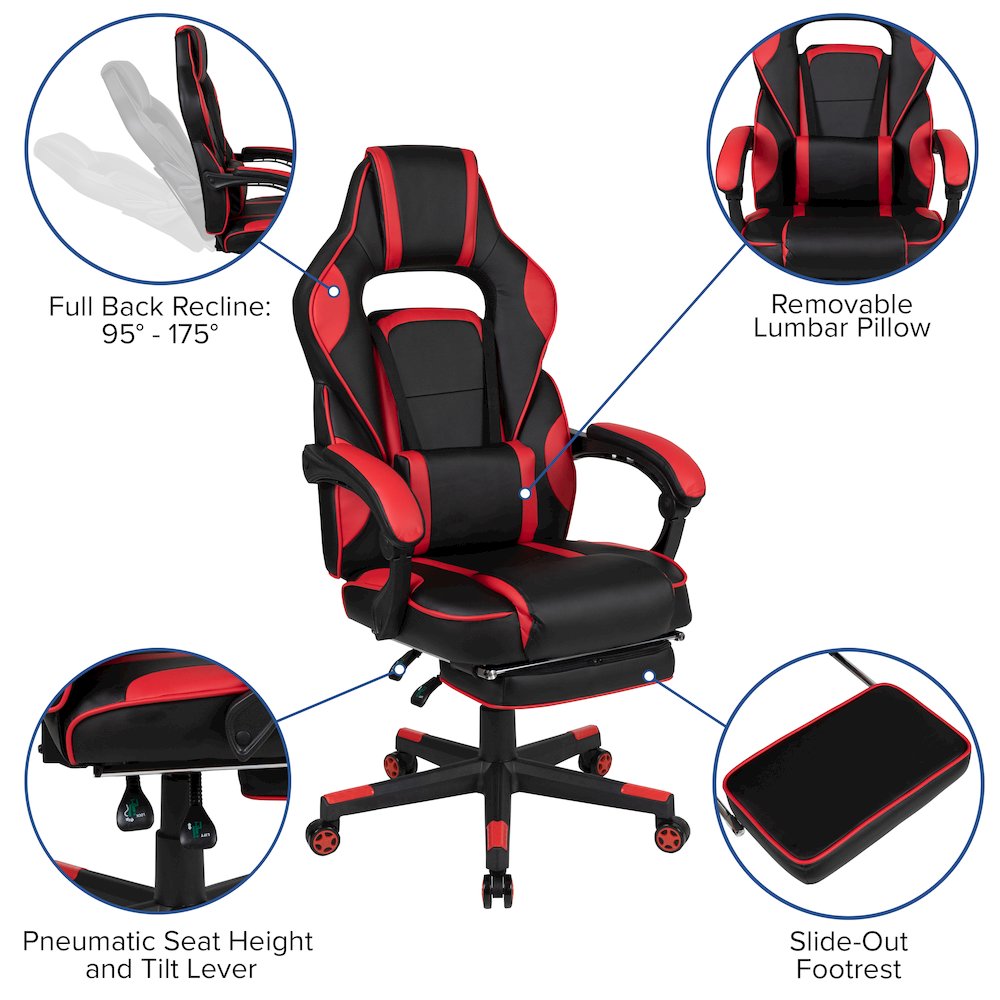 Black Gaming Desk/Headphone Hook/2 Wire Management Holes, Red Gaming Chair