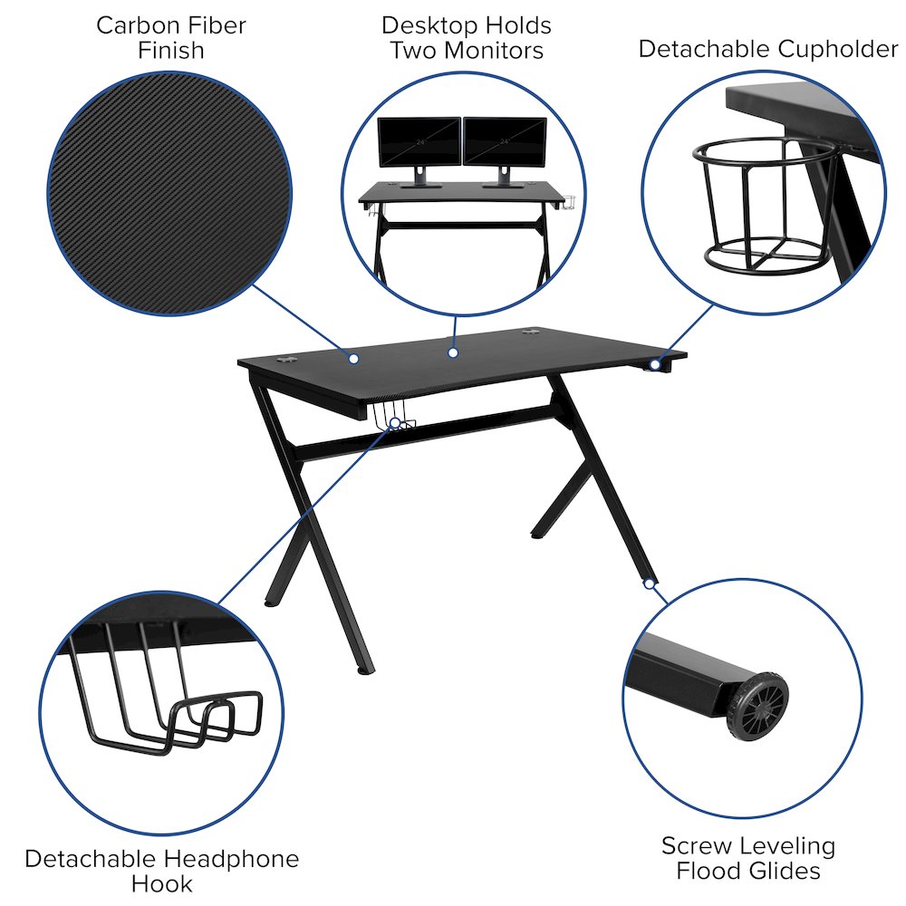 Black Gaming Desk/Headphone Hook/2 Wire Management Holes, Red Gaming Chair