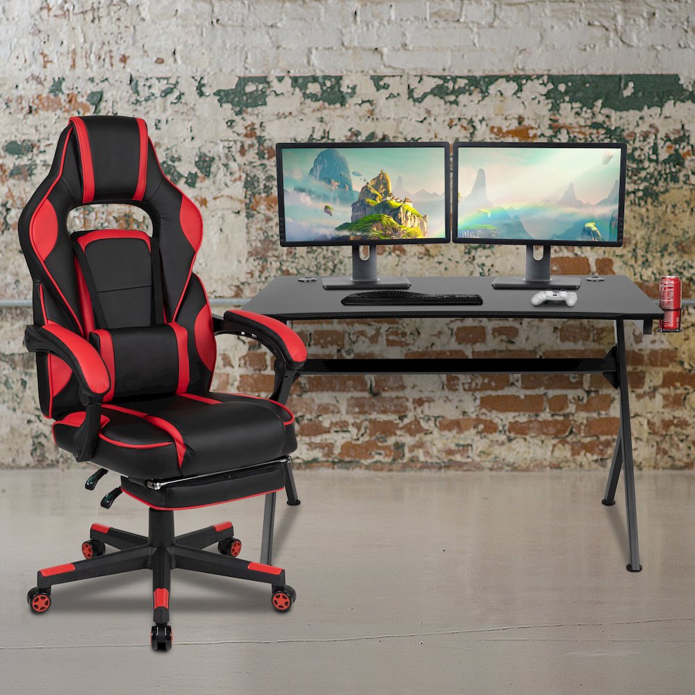Black Gaming Desk/Headphone Hook/2 Wire Management Holes, Red Gaming Chair