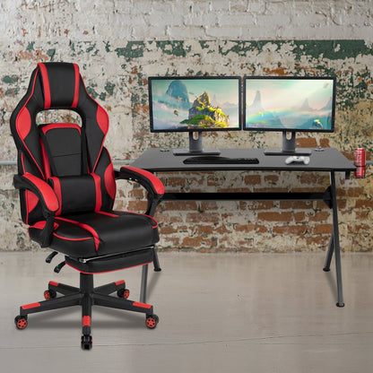 Black Gaming Desk/Headphone Hook/2 Wire Management Holes, Red Gaming Chair