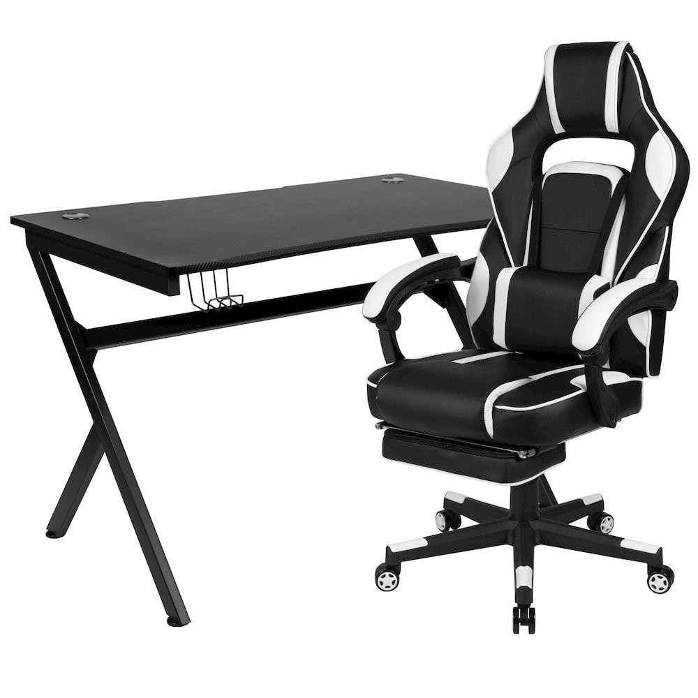 Black Gaming Desk/Headphone Hook/2 Wire Management Holes, White Gaming Chair