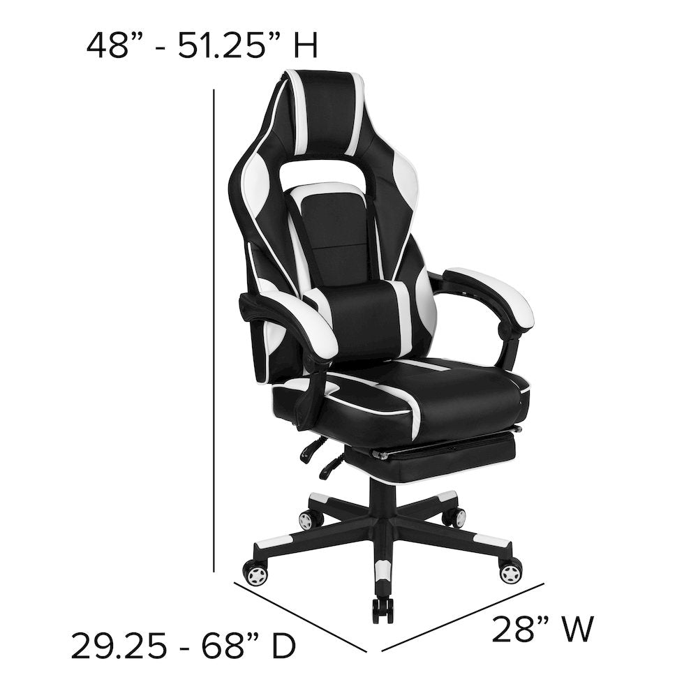 Black Gaming Desk/Headphone Hook/2 Wire Management Holes, White Gaming Chair