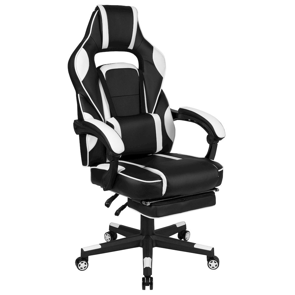Black Gaming Desk/Headphone Hook/2 Wire Management Holes, White Gaming Chair