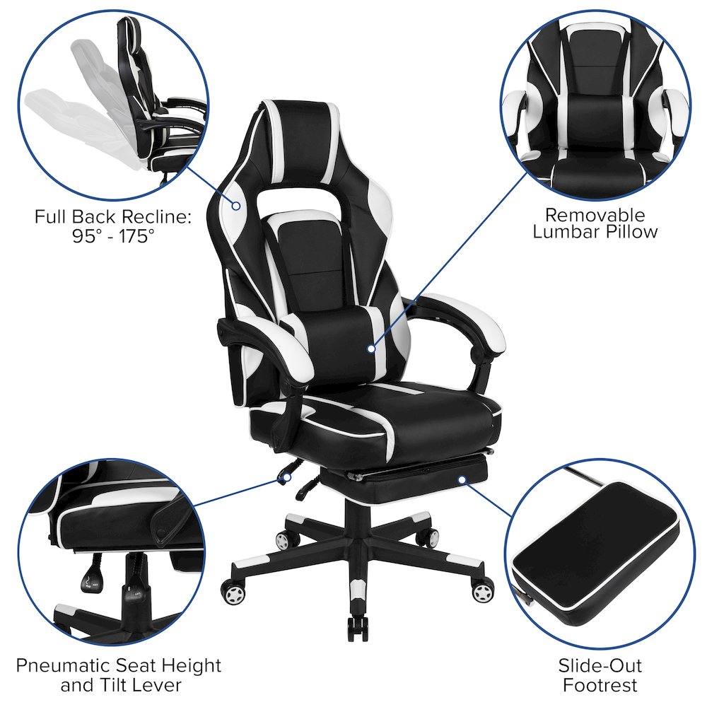 Black Gaming Desk/Headphone Hook/2 Wire Management Holes, White Gaming Chair