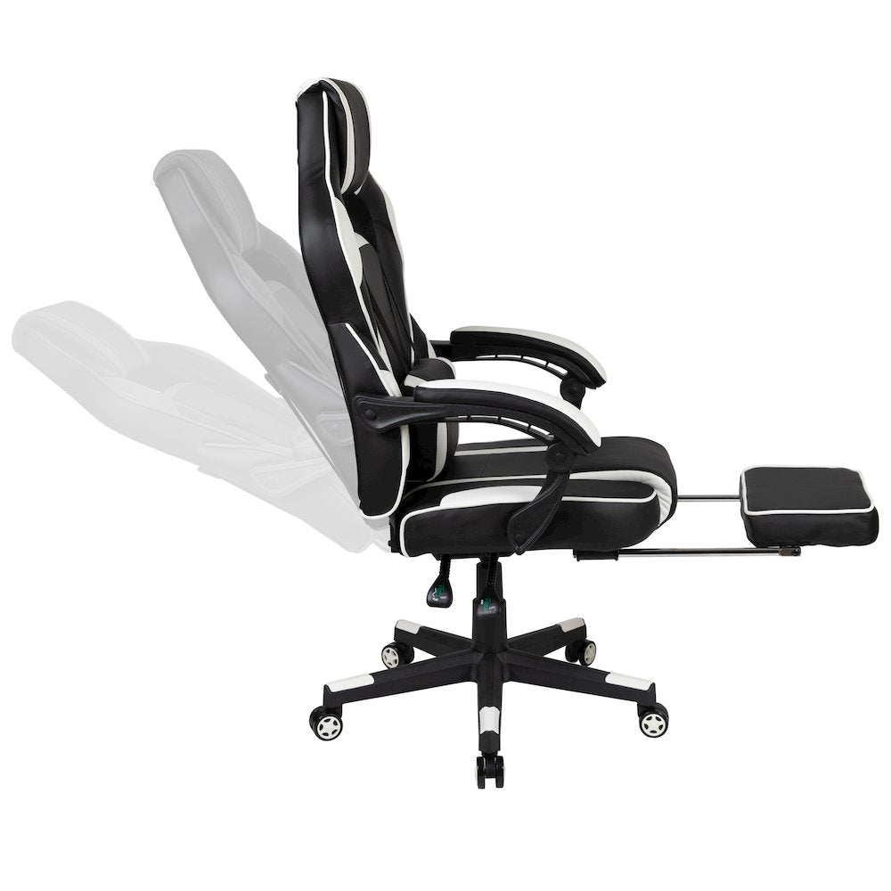 Black Gaming Desk/Headphone Hook/2 Wire Management Holes, White Gaming Chair