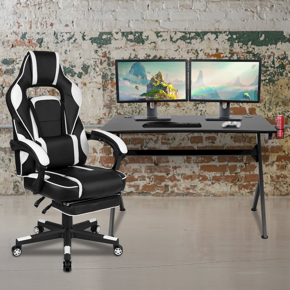 Black Gaming Desk/Headphone Hook/2 Wire Management Holes, White Gaming Chair