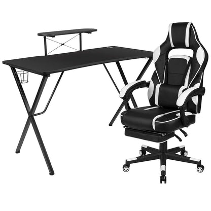 Black Gaming Desk/Headphone Hook/Monitor Stand & White Back/Arms Gaming Chair