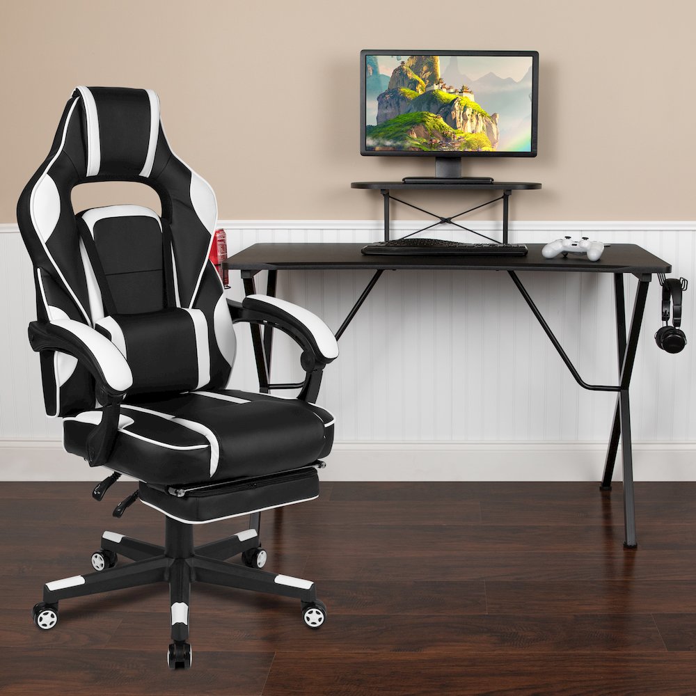 Black Gaming Desk/Headphone Hook/Monitor Stand & White Back/Arms Gaming Chair