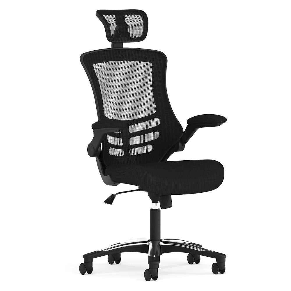 High-Back Black Mesh Swivel Ergonomic Executive Office Chair with Flip-Up Arms and Adjustable Headrest, BIFMA Certified