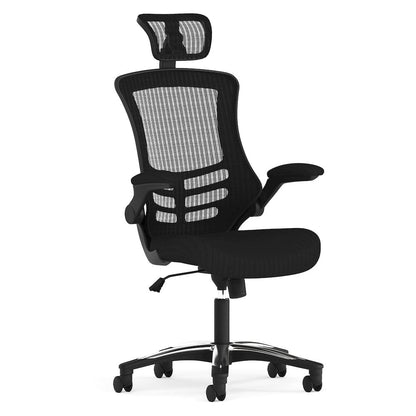 High-Back Black Mesh Swivel Ergonomic Executive Office Chair with Flip-Up Arms and Adjustable Headrest, BIFMA Certified