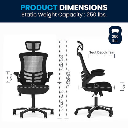 High-Back Black Mesh Swivel Ergonomic Executive Office Chair with Flip-Up Arms and Adjustable Headrest, BIFMA Certified