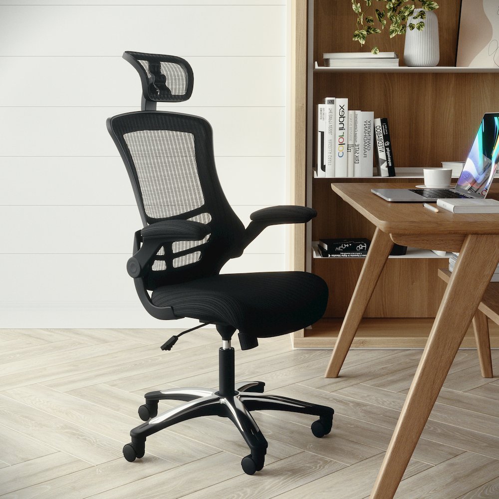 High-Back Black Mesh Swivel Ergonomic Executive Office Chair with Flip-Up Arms and Adjustable Headrest, BIFMA Certified