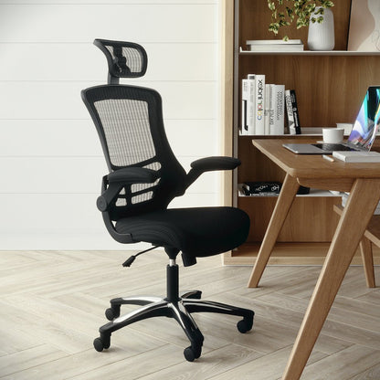 High-Back Black Mesh Swivel Ergonomic Executive Office Chair with Flip-Up Arms and Adjustable Headrest, BIFMA Certified