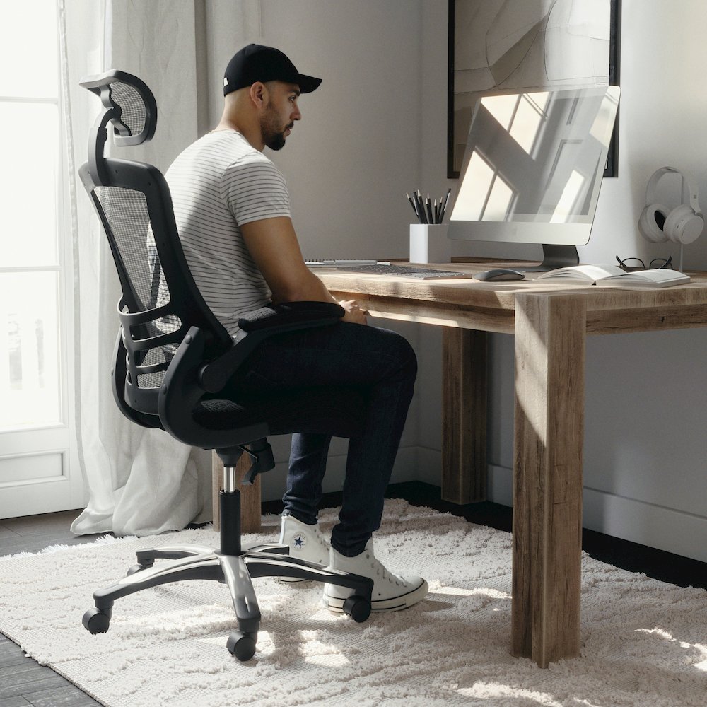 High-Back Black Mesh Swivel Executive Office Chair and Adjustable Headrest