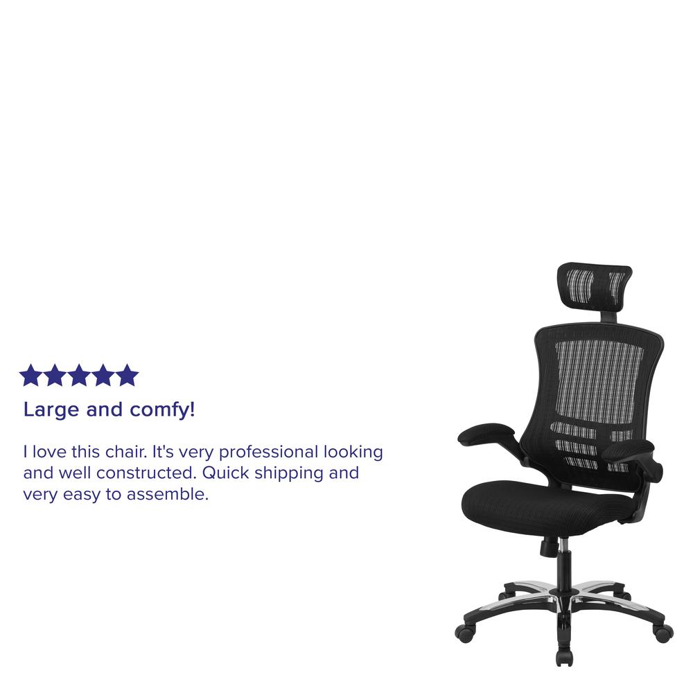 High-Back Black Mesh Swivel Ergonomic Executive Office Chair with Flip-Up Arms and Adjustable Headrest, BIFMA Certified