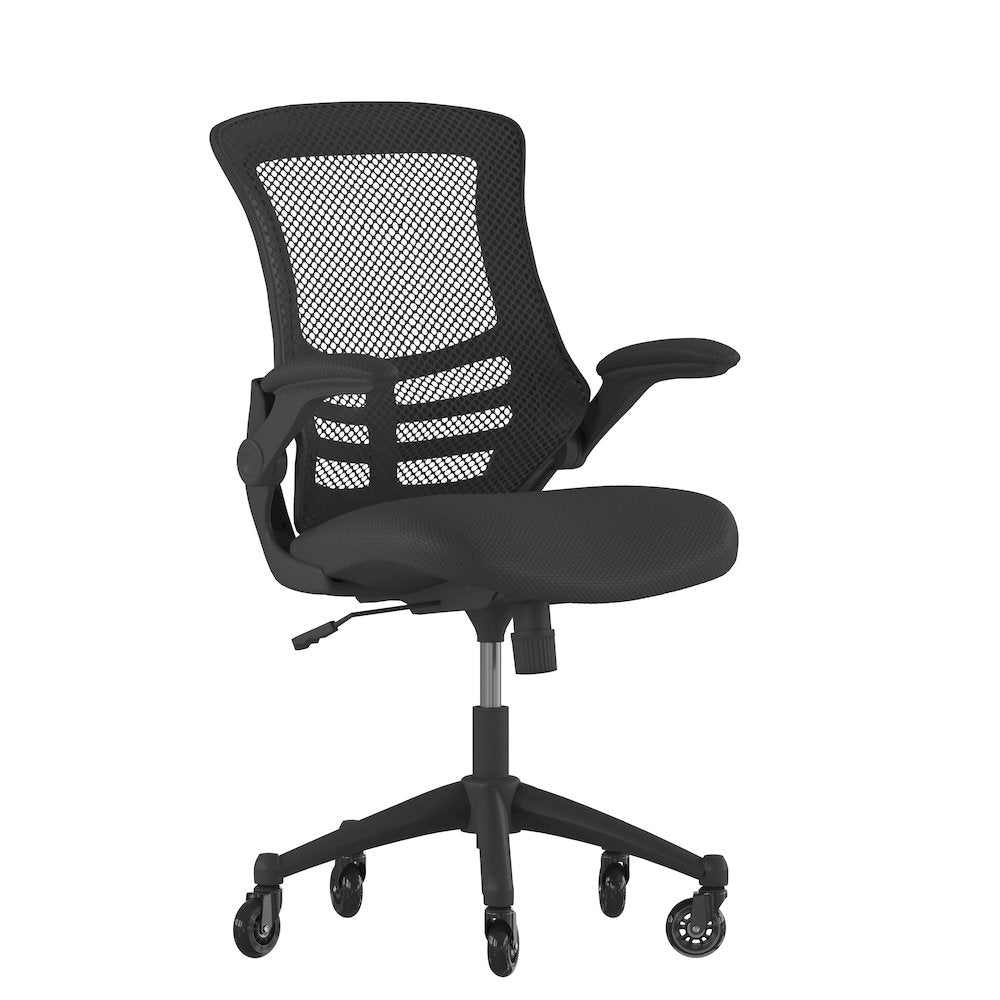 Mid-Back Black Mesh Swivel Task Office Chair with Flip-Up Arms and Roller Wheels