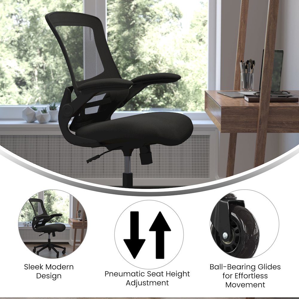 Mid-Back Black Mesh Swivel Task Office Chair with Flip-Up Arms and Roller Wheels