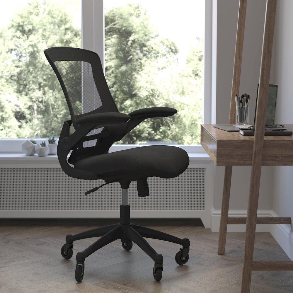 Mid-Back Black Mesh Swivel Task Office Chair with Flip-Up Arms and Roller Wheels