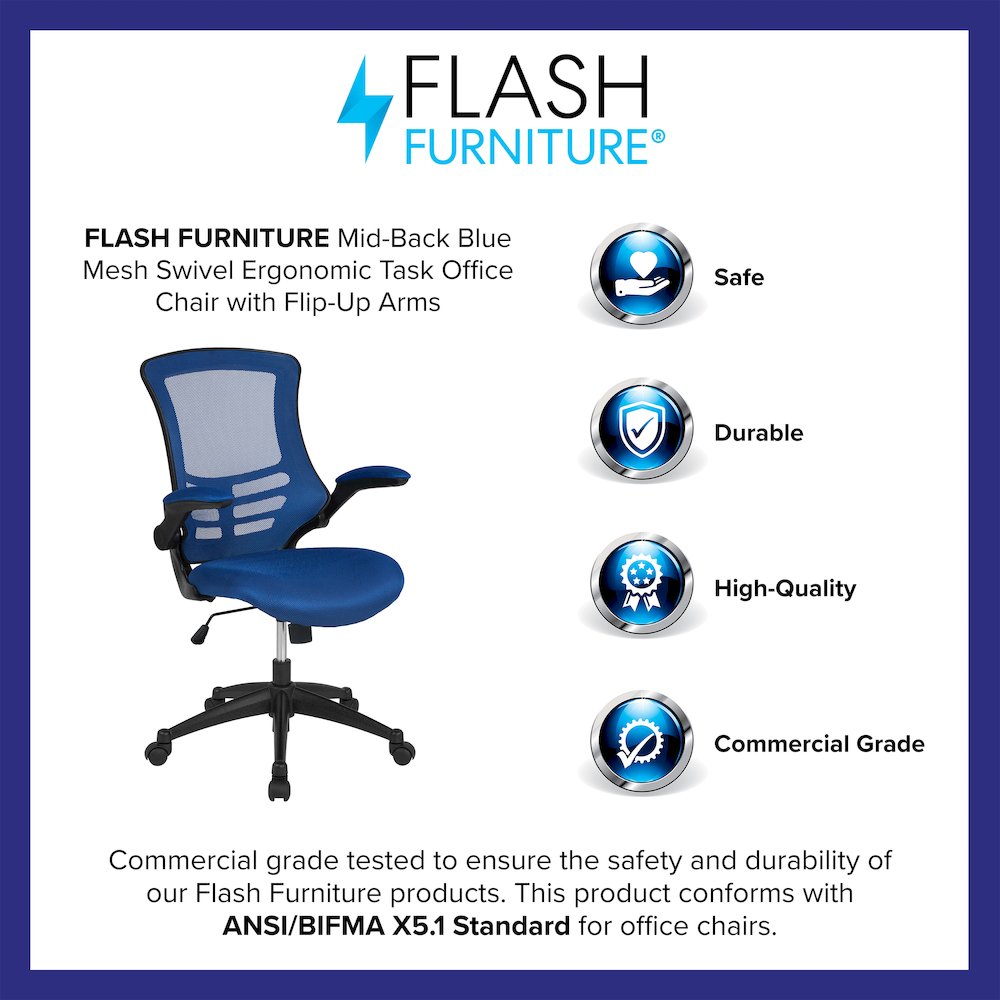 Mid-Back Blue Mesh Swivel Ergonomic Task Office Chair with Flip-Up Arms