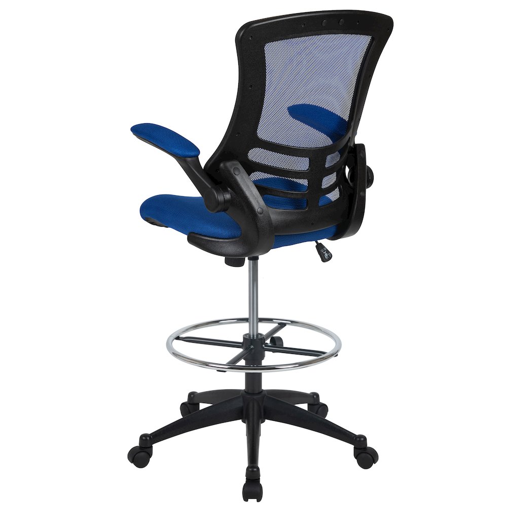 Mid-Back Blue Mesh Drafting Chair with Adjustable Foot Ring and Flip-Up Arms
