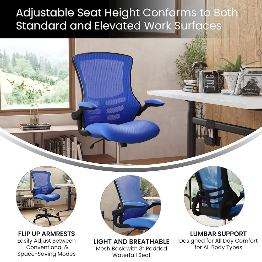 Mid-Back Blue Mesh Drafting Chair with Adjustable Foot Ring and Flip-Up Arms
