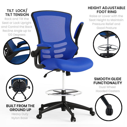 Mid-Back Blue Mesh Drafting Chair with Adjustable Foot Ring and Flip-Up Arms